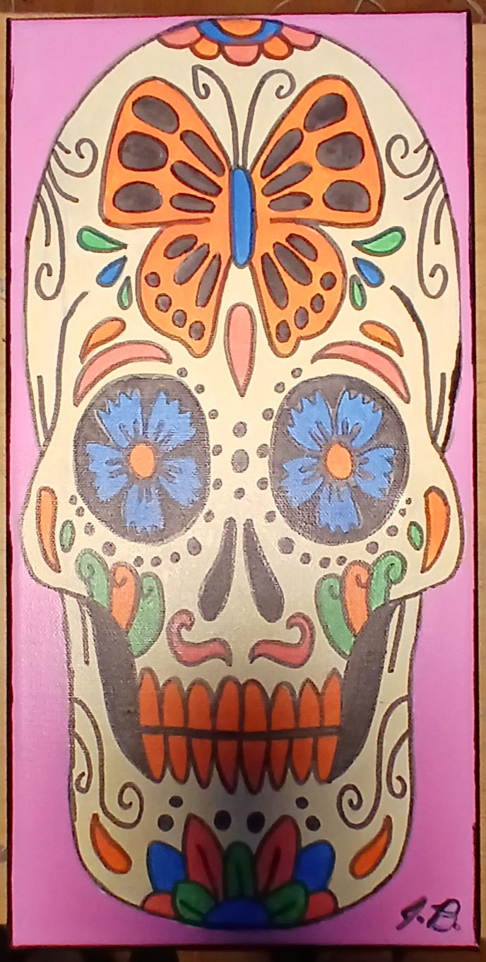 7"x 14" Butterfly Sugar Skull Acrylic Painting On An Art Canvas