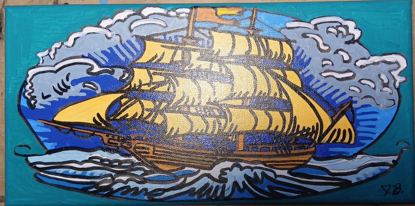 7" x 14" Gliding Sails Acrylic Painting On An Canvas