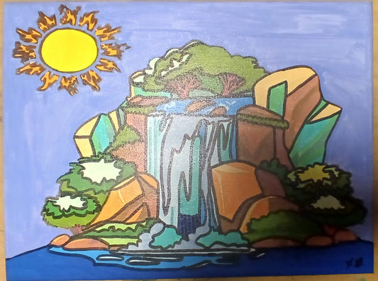 12" x 16" Serene Waterfall Acrylic Painting On An Canvas