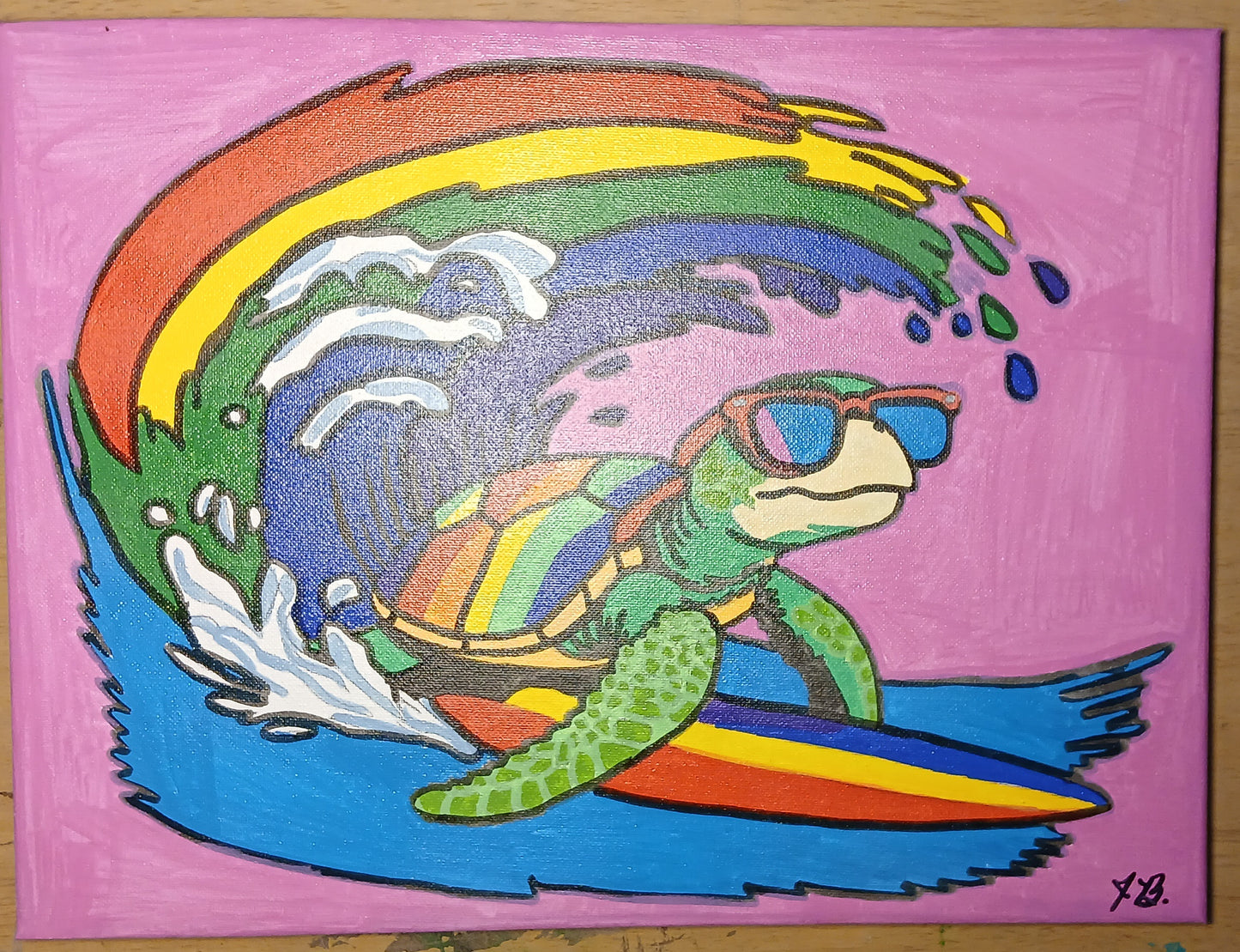 12" x 16" Surfing Turtle Acrylic Painting On An Canvas