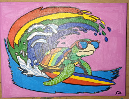 12" x 16" Surfing Turtle Acrylic Painting On An Canvas