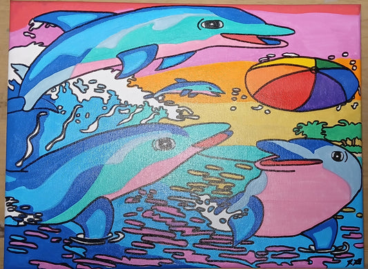 12" x 16" Dolphins At Play Acrylic Painting On An Canvas