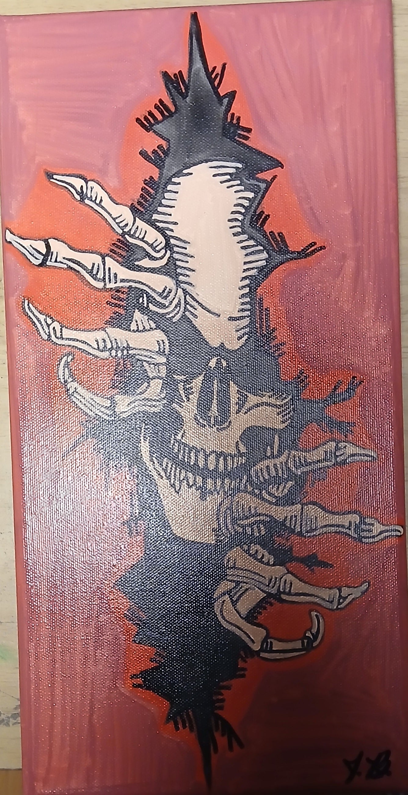 7" x 14" Striking Skull Acrylic Painting On An Canvas