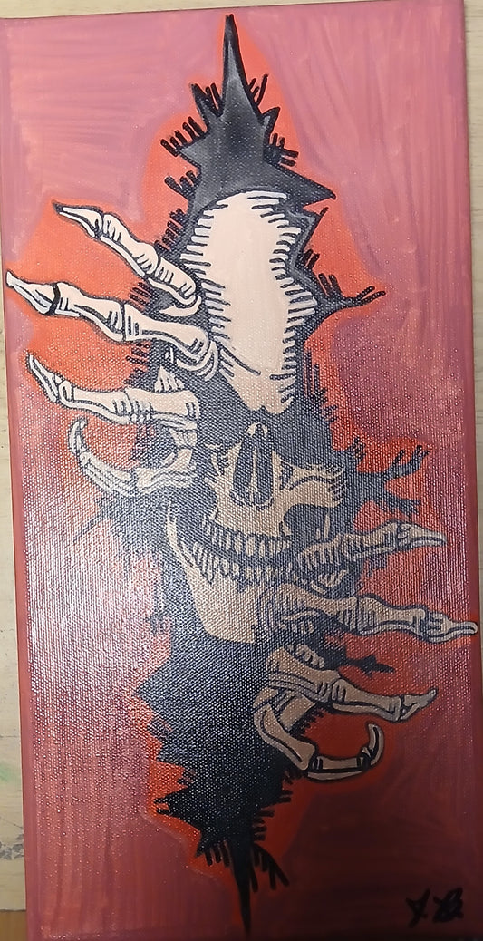 7" x 14" Striking Skull Acrylic Painting On An Canvas