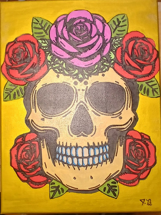 12" x 16" Rosy Skull Acrylic Painting On An Canvas