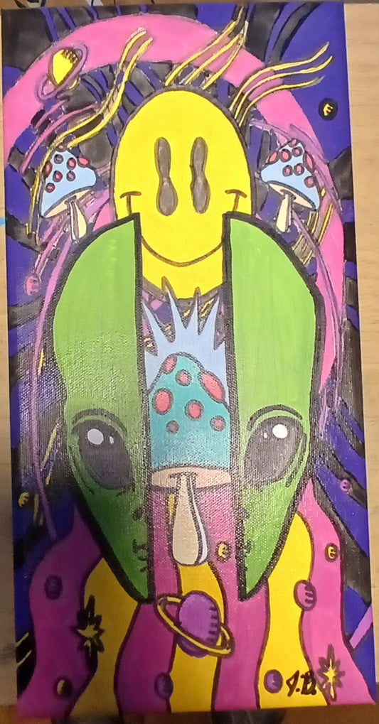 7" x 14" Trippy Alien Acrylic Painting On An Canvas