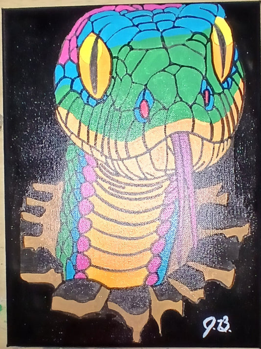 9"x 12" Colorful Snake Acrylic Painting On An Art Canvas
