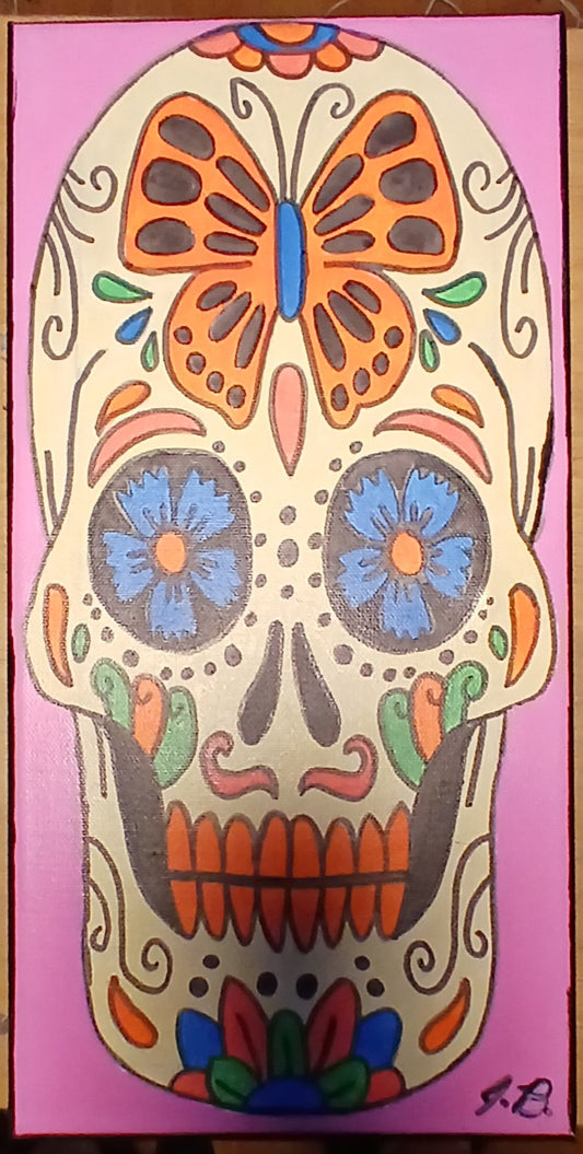 7"x 14" Butterfly Sugar Skull Acrylic Painting On An Art Canvas