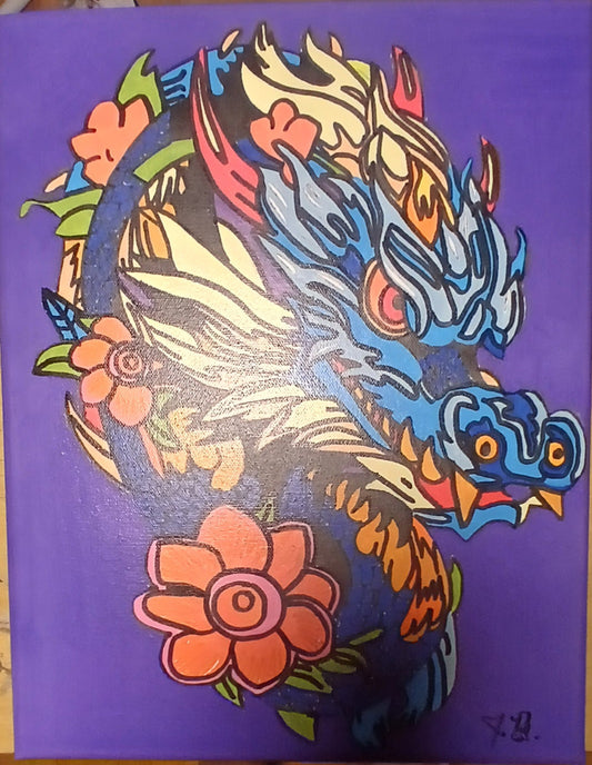 11" x 14" Floral Dragon Acrylic Painting On An Art Canvas