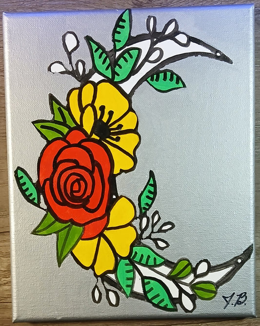 8" x 10" Floral Moon Acrylic Painting On An Canvas