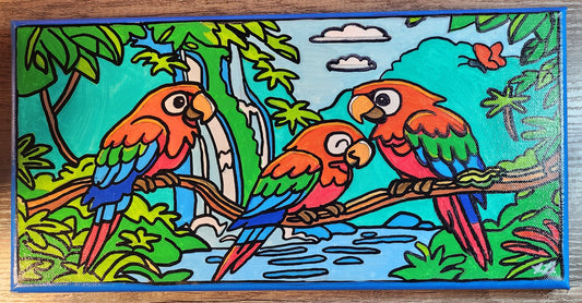 7" x 14" Jungle Birds Acrylic Painting On Canvas