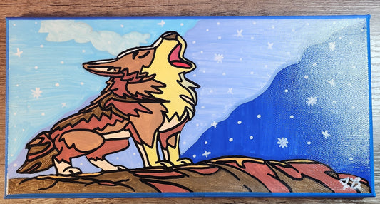 7" x 14" Howling Wolf Acrylic Painting On Canvas
