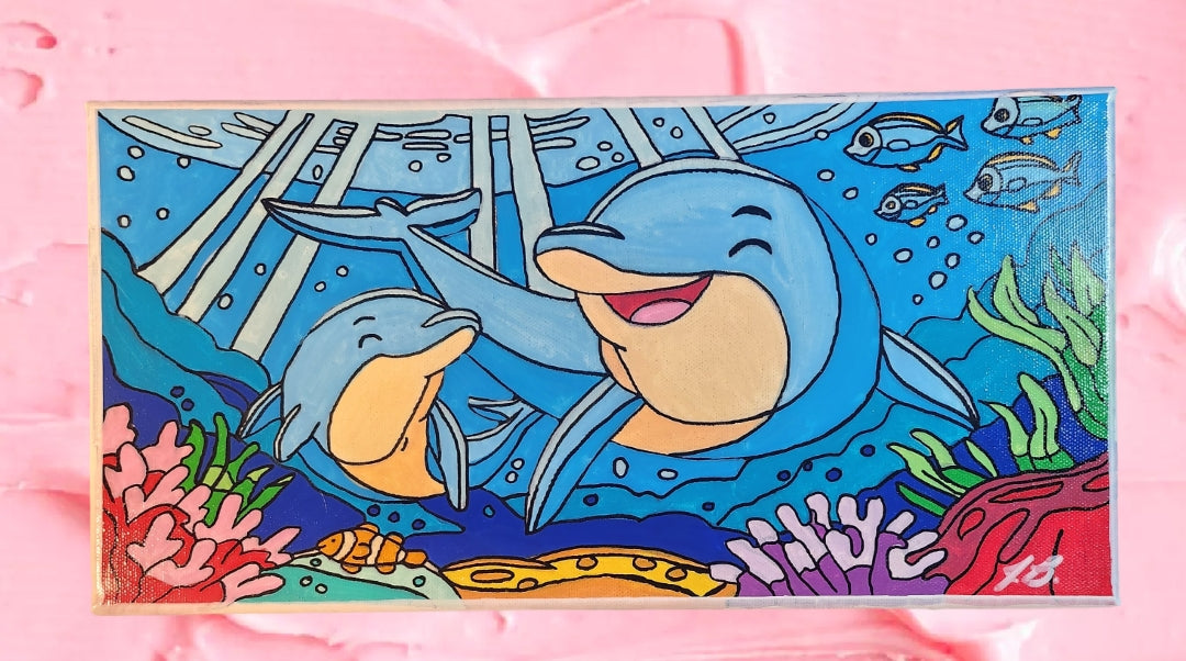 7" x 14" Happy Dolphins Acrylic Painting On An Canvas