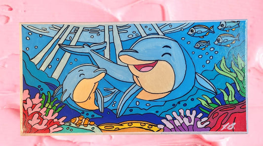 7" x 14" Happy Dolphins Acrylic Painting On An Canvas